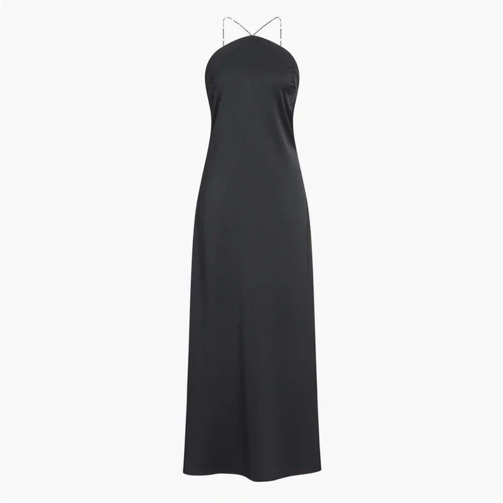 Commense Black Satin Slip Maxi Dress with Chain Straps - Picture 3 of 14